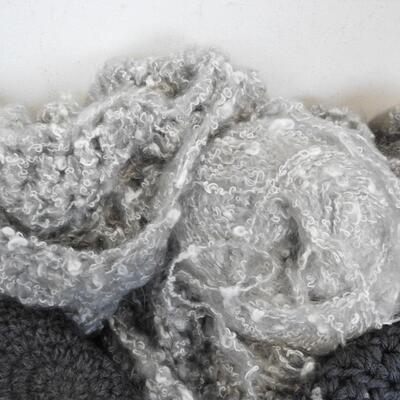 Yarn & Partially Completed Projects. Gray, Blue, Green, & White