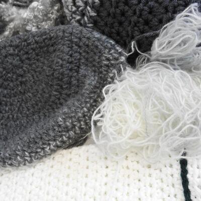 Yarn & Partially Completed Projects. Gray, Blue, Green, & White