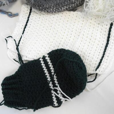 Yarn & Partially Completed Projects. Gray, Blue, Green, & White