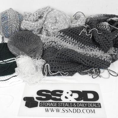 Yarn & Partially Completed Projects. Gray, Blue, Green, & White