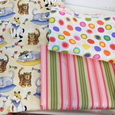 7 pieces Fabric: Cats, Stripes, Polka Dots, Turquoise, White Eyelet, Red/Gold