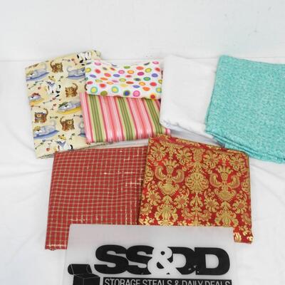 7 pieces Fabric: Cats, Stripes, Polka Dots, Turquoise, White Eyelet, Red/Gold