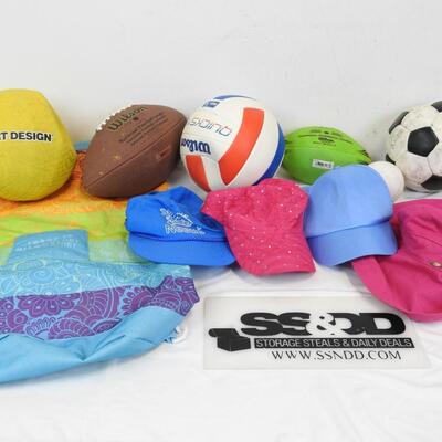 11 pc: Striped Outdoor Bag with 6 sports balls & 4 Hats