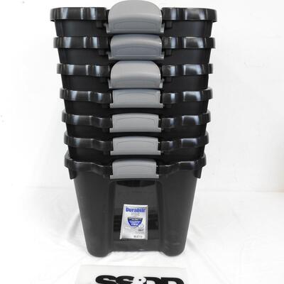 Qty 6 Black Storage Bins, Durabilt Heavy Duty Boxes, 10 gallons each NO LIDS