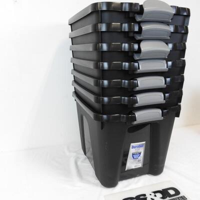 Qty 6 Black Storage Bins, Durabilt Heavy Duty Boxes, 10 gallons each NO LIDS
