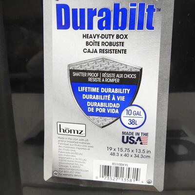 Qty 6 Black Storage Bins, Durabilt Heavy Duty Boxes, 10 gallons each NO LIDS