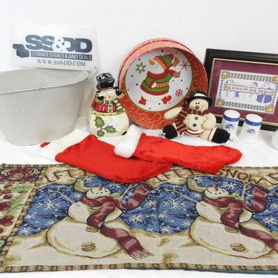 11pc Christmas Winter Snowman Holiday Decor: Table Runner, Stockings, Framed art