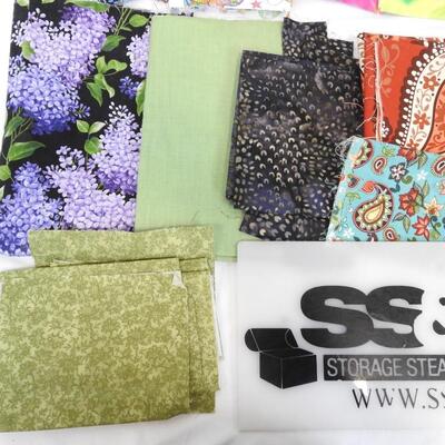30 Fabric Pieces: Lilacs, Solids, Paisleys, Stairs, Plaid, Sun w/ Frogs & Bugs