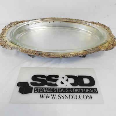 Footed Metal Serving Tray with clear Glass Liner. 21" x 12.5" x 3" - Vintage