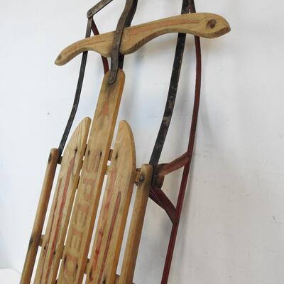 Speedway Snow Sled, Metal & Wood. Black, Brown & Red. Vintage