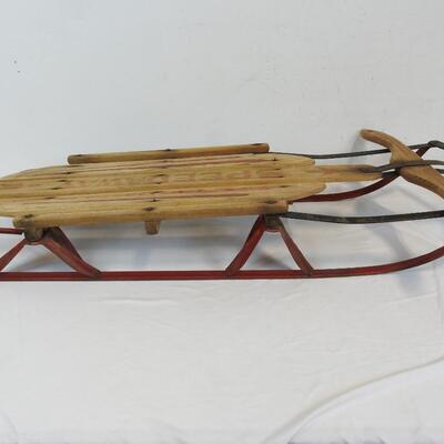 Speedway Snow Sled, Metal & Wood. Black, Brown & Red. Vintage