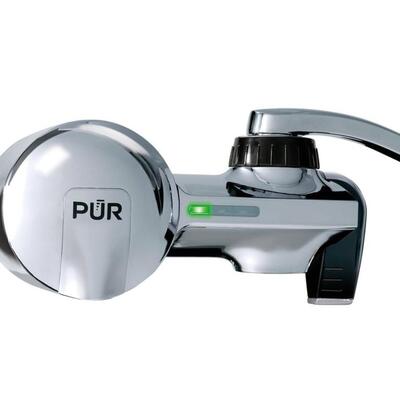 PUR PLUS Chemical & Physical Horizontal Faucet Mount Water Filtration System, Chrome, PFM400H - Used, Works, New Filter Cartridge