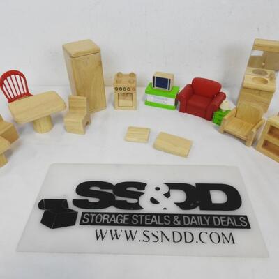 14 Pc Doll House Furniture: 12 are Wooden, 2 are plastic