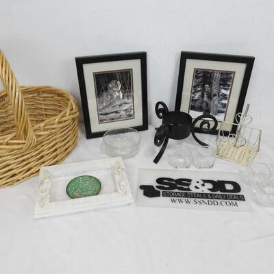 14 pc Decor: Basket, 2 Framed Wildlife Photos, Small Tray, 6 Glass Votives