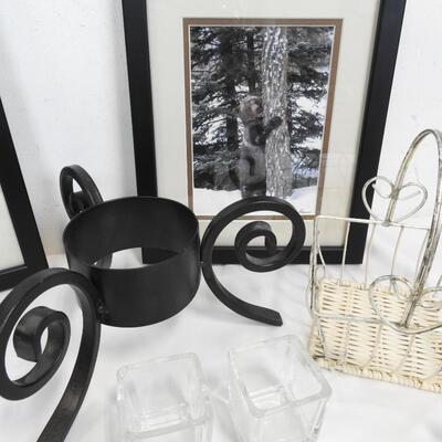 14 pc Decor: Basket, 2 Framed Wildlife Photos, Small Tray, 6 Glass Votives