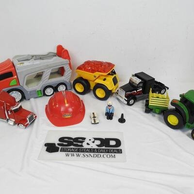 10 pc Vehicle Toys: CAT Dump Truck, Semi Trucks, John Deere Tractor & Trailer