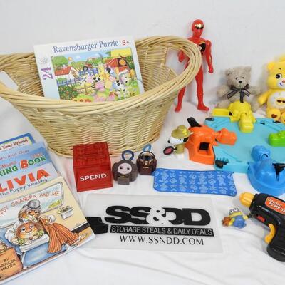 20pc Basket with Toys, Books, & Ravensburger Puzzle. Care Bear, Power Ranger