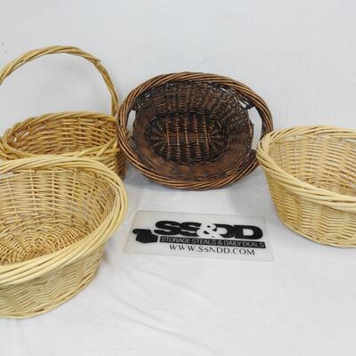 4 Baskets: 3 Light Brown, 1 Dark Brown with side handles. 1 with Tall Handle,