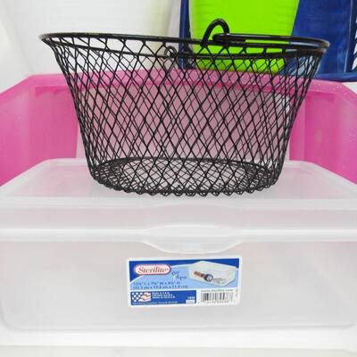 11 pc Plastic Organizing Baskets & Bins. Pink Lap Desk for Kids (needs cleaning)