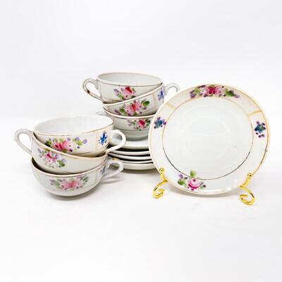 VINTAGE MINI FLORAL & GOLD TEACUP & SAUCER SET (6 EACH)