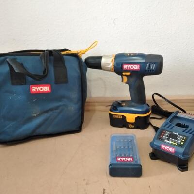 LOT 84  RYOBI 18V CORDLESS DRILL W/BATTERY, CHARGER AND BITS