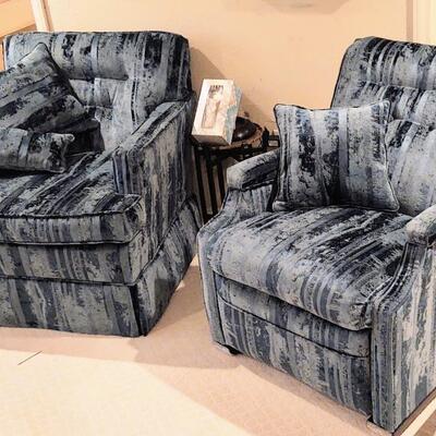 Two Blue matching Chairs, One is a Recliner