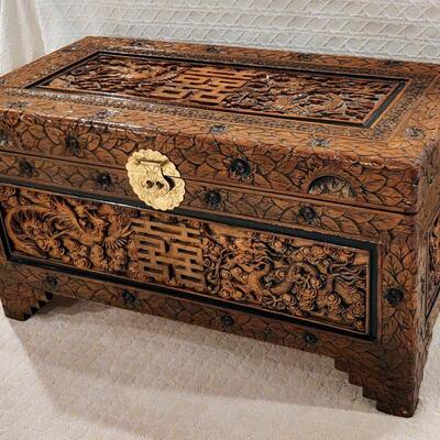 Oriental Carved Chest w/brass lock