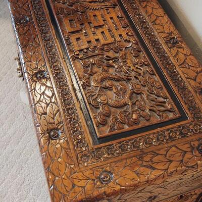 Oriental Carved Chest w/brass lock