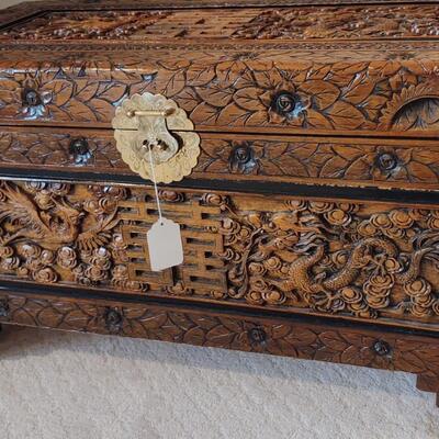 Oriental Carved Chest w/brass lock