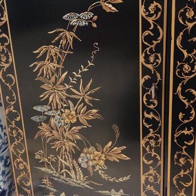Ornate Black Lacquer & Gold Lighted Cabinet