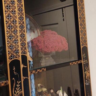 Ornate Black Lacquer & Gold Lighted Cabinet