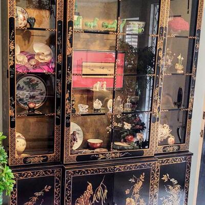 Ornate Black Lacquer & Gold Lighted Cabinet