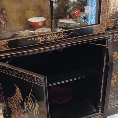 Ornate Black Lacquer & Gold Lighted Cabinet