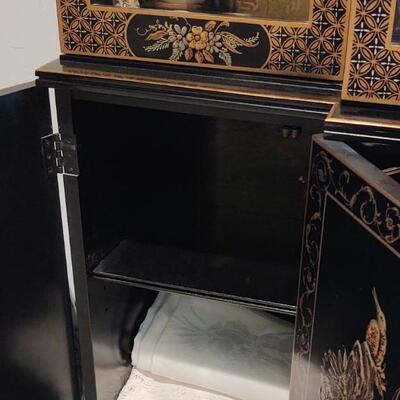 Ornate Black Lacquer & Gold Lighted Cabinet