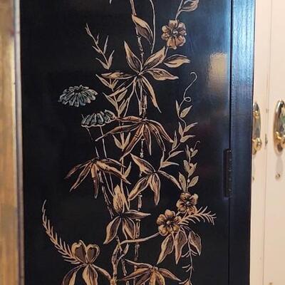 Ornate Black Lacquer & Gold Lighted Cabinet