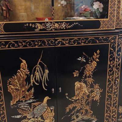 Ornate Black Lacquer & Gold Lighted Cabinet