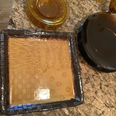 Amber stemmed glassware, glass tray