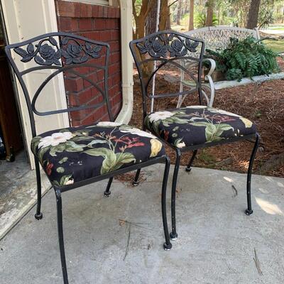 2 Black metal chairs and bench