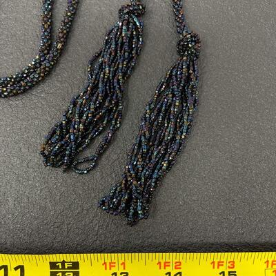 DARK BLUE BEADED LARIAT TASSEL NECKLACE