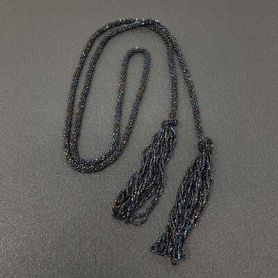 DARK BLUE BEADED LARIAT TASSEL NECKLACE