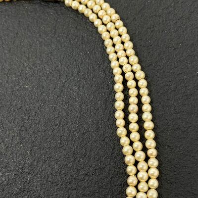 VINTAGE 3-STRAND FAUX PEARL NECKLACE W/ STERLING SILVER CLASP - DAMAGED