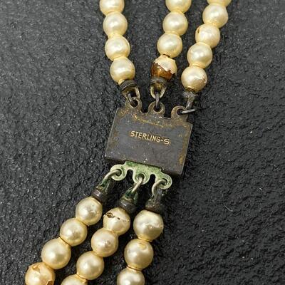 VINTAGE 3-STRAND FAUX PEARL NECKLACE W/ STERLING SILVER CLASP - DAMAGED