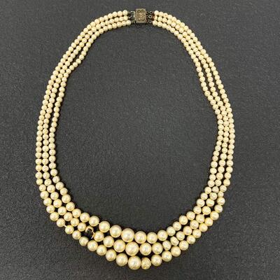 VINTAGE 3-STRAND FAUX PEARL NECKLACE W/ STERLING SILVER CLASP - DAMAGED