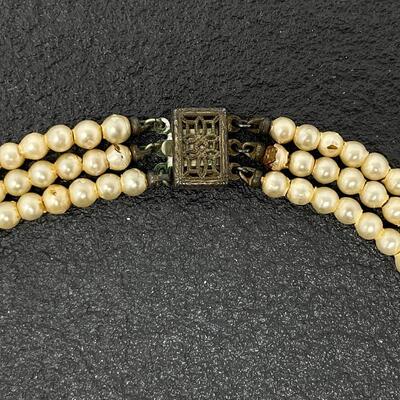 VINTAGE 3-STRAND FAUX PEARL NECKLACE W/ STERLING SILVER CLASP - DAMAGED