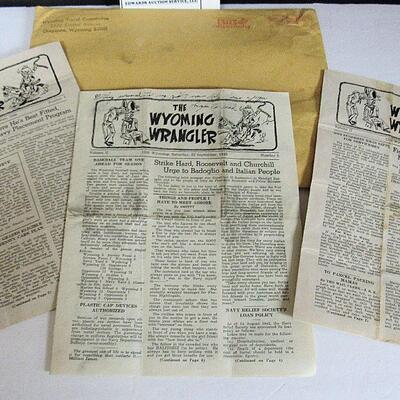 3 Older Wyoming Wrangler Papers 1943, and Wyoming Mailing Envelope