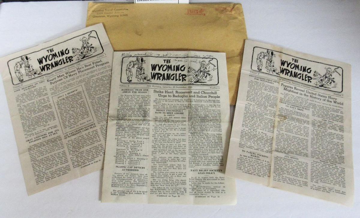3 Older Wyoming Wrangler Papers 1943, and Wyoming Mailing Envelope