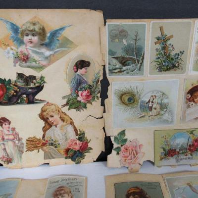 Lot of Antique Scraps and Advertising Cards, Scrap Book Pages