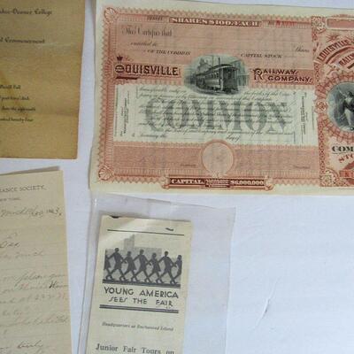 Misc Lot Paper Ephemera, Louisville Railway Co Certificate, Stamps, Century of Progress Handout, More