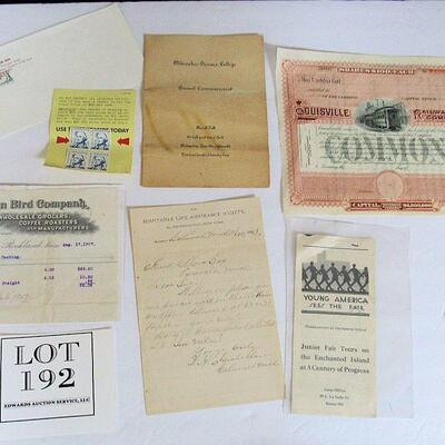 Misc Lot Paper Ephemera, Louisville Railway Co Certificate, Stamps, Century of Progress Handout, More