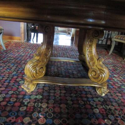 Solid Wood Table with Inlay Design on Footed Scroll Base